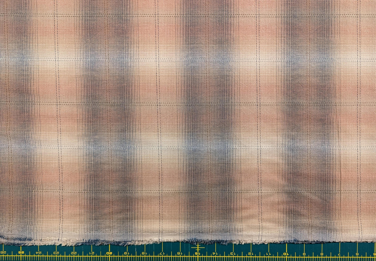 Japanese yarn dyed big plaid cotton fabric 4547-346 light peach, blue & white