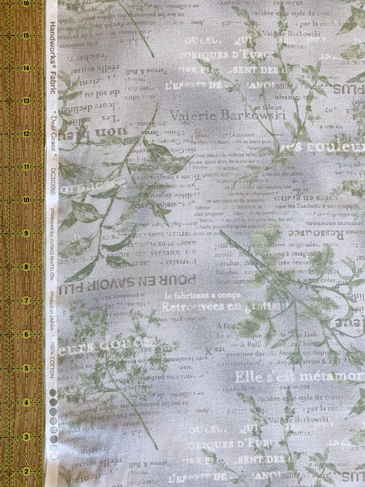 Vancet - Dear Grace Floral Text Cotton Fabric - Gray Green