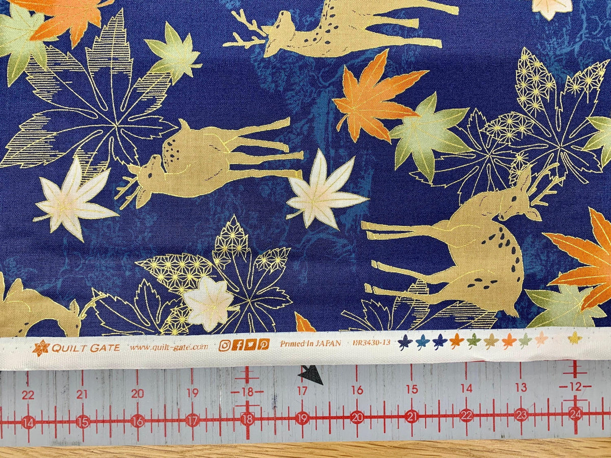 QuiltGate - Hyakka Ryoran Deer and Maple Leaf Cotton Fabric - Indigo Blue Rust Sage Green Gold
