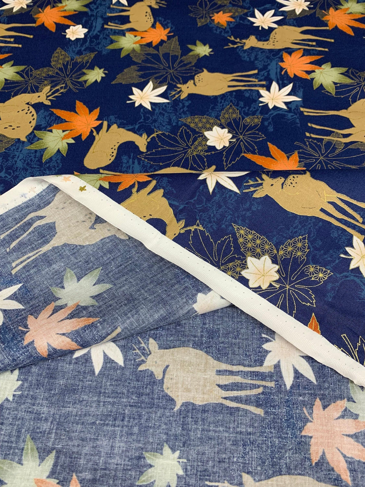 QuiltGate - Hyakka Ryoran Deer and Maple Leaf Cotton Fabric - Indigo Blue Rust Sage Green Gold