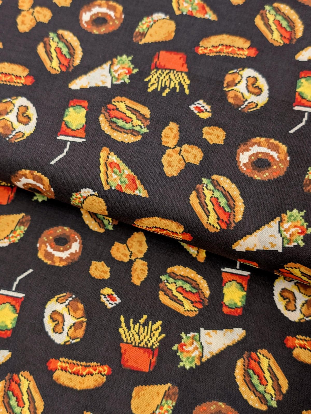 NEW Hokkoh - 8-Bit Fast Food Japanese Cotton Lawn Fabric - Black 1026-626-1-E