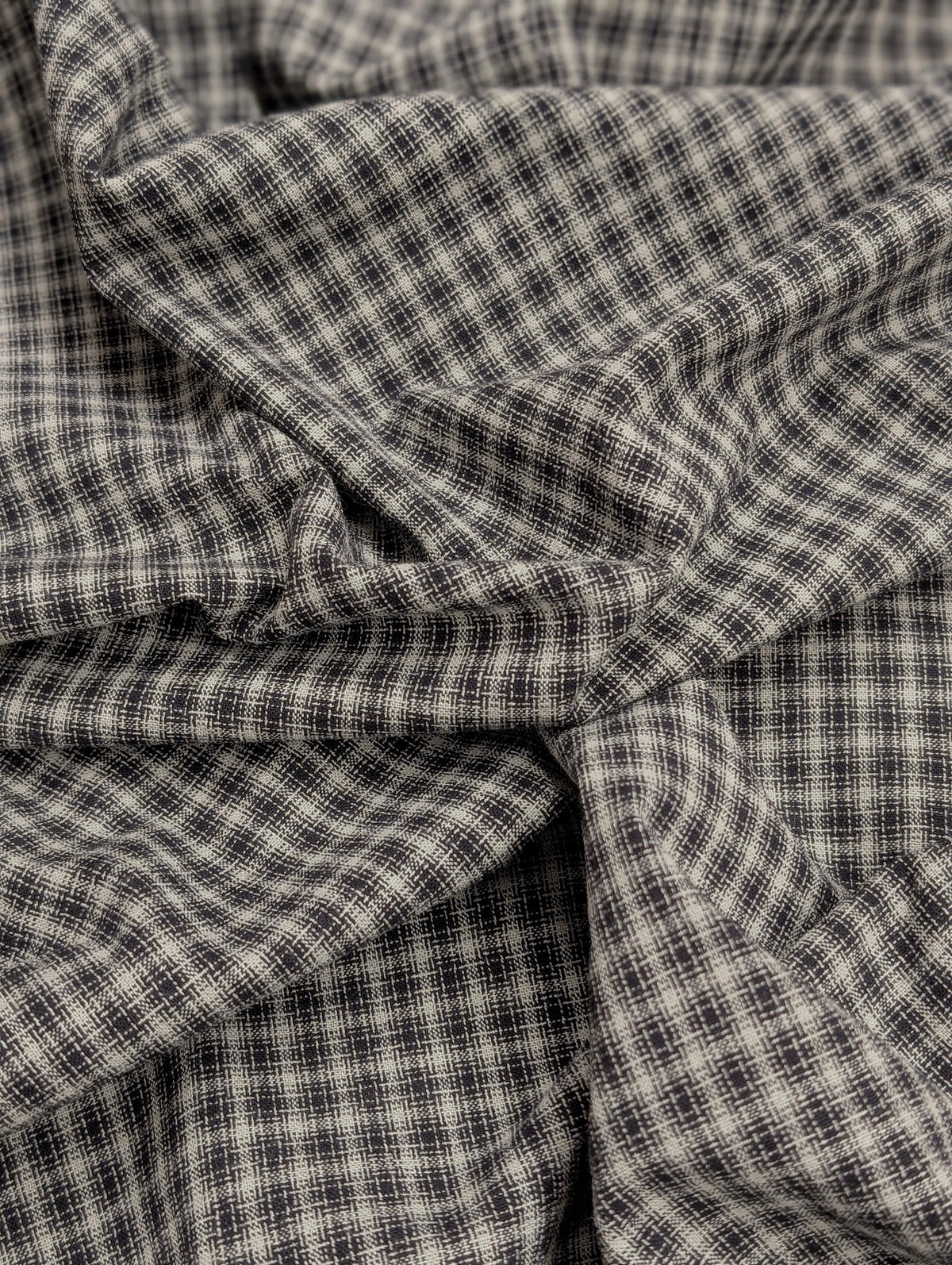 Handworks - Small Gingham Check Yarn Dyed Cotton Fabric - Gray & Black
