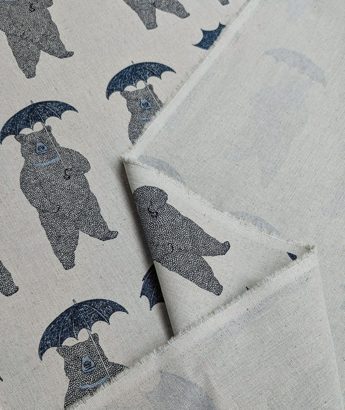 Koizumi - Bear-Able Weather Bears with Umbrellas Cotton/Linen Canvas Fabric - Blues